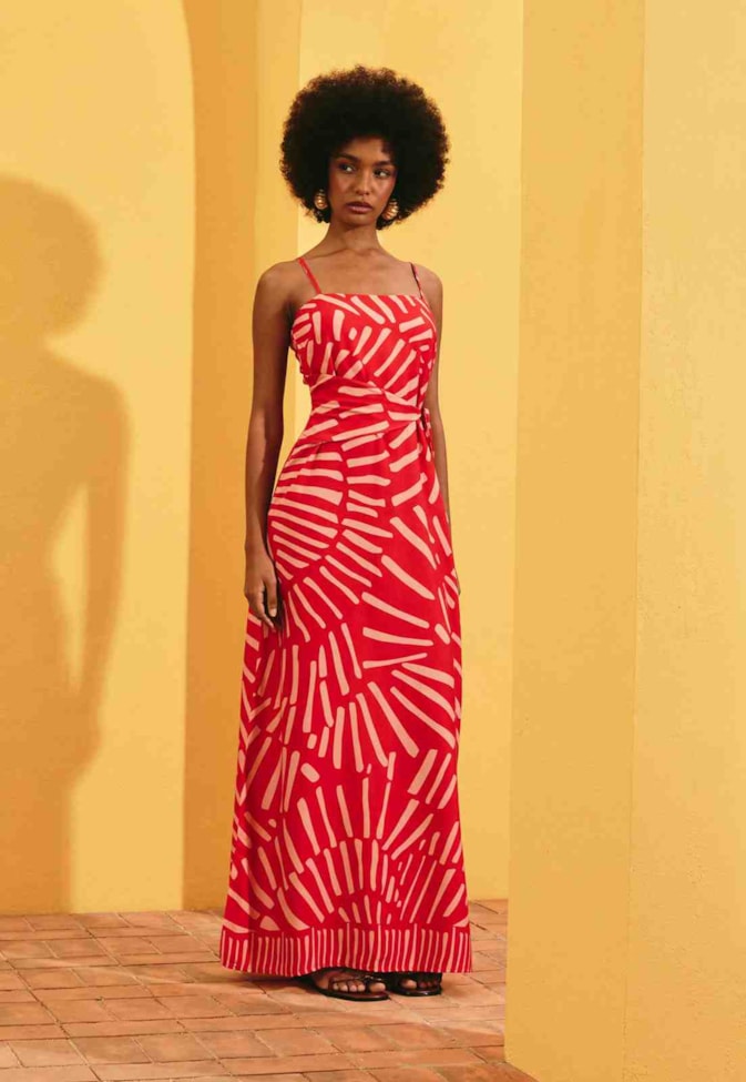 Vestido Longo Amarração Estampado Tambá