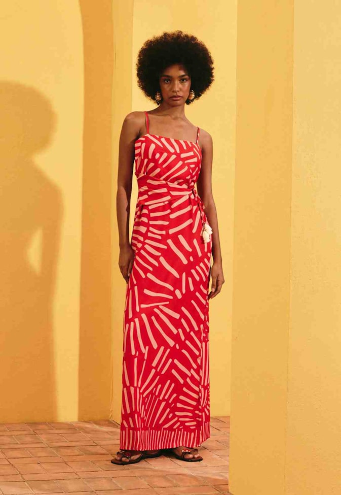 Vestido Longo Amarração Estampado Tambá