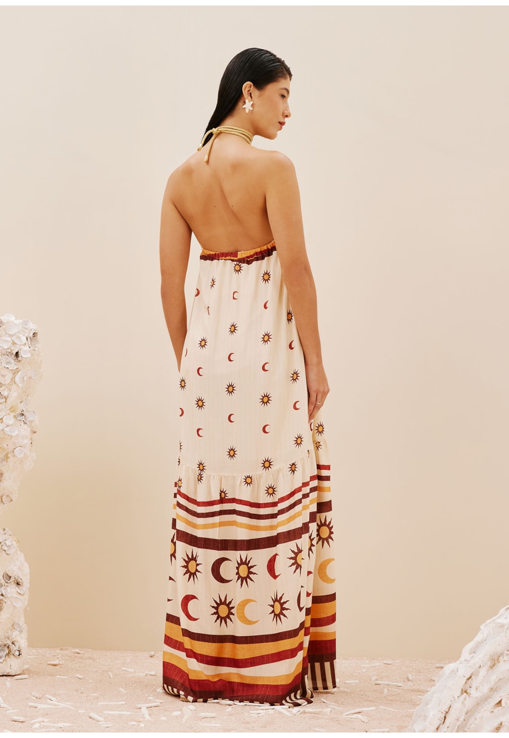 Vestido Longo Argola Estampado Dunas Douradas