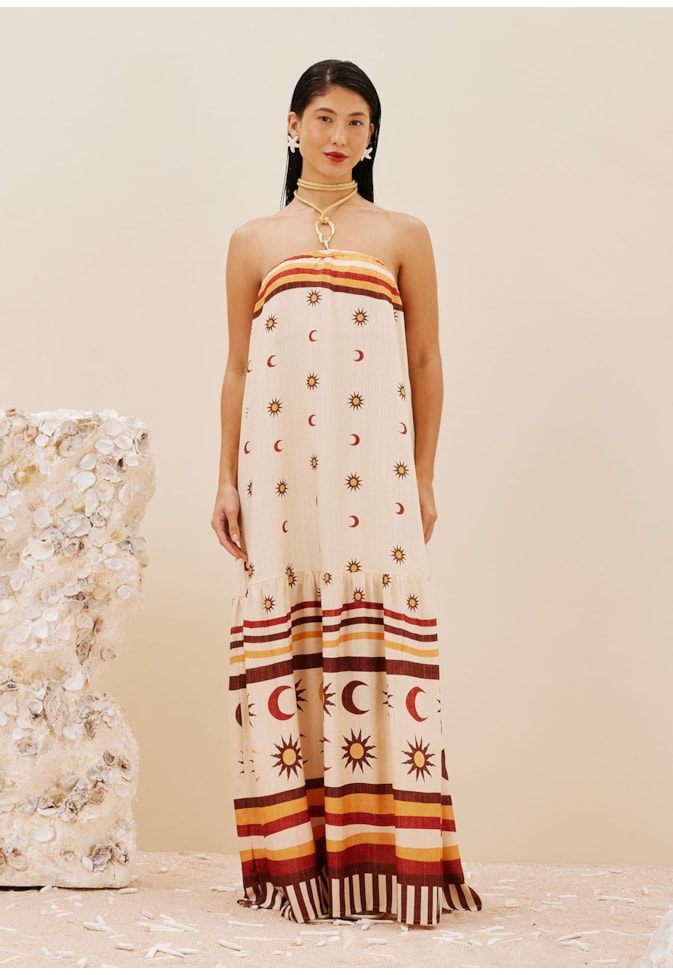 Vestido Longo Argola Estampado Dunas Douradas