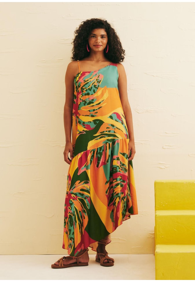 Vestido Longo Assimétrico Estampado Costela Mexicana