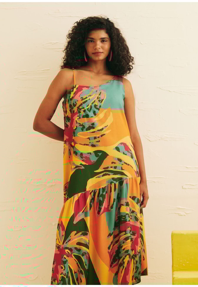 Vestido Longo Assimétrico Estampado Costela Mexicana