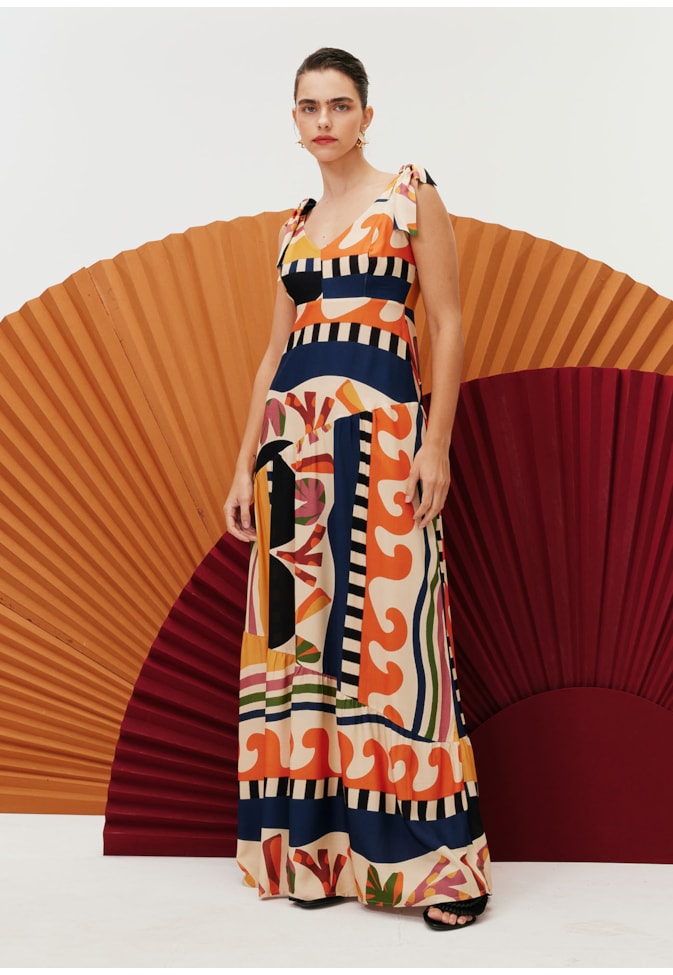 Vestido Longo Babado Assimétrico Estampado Samba