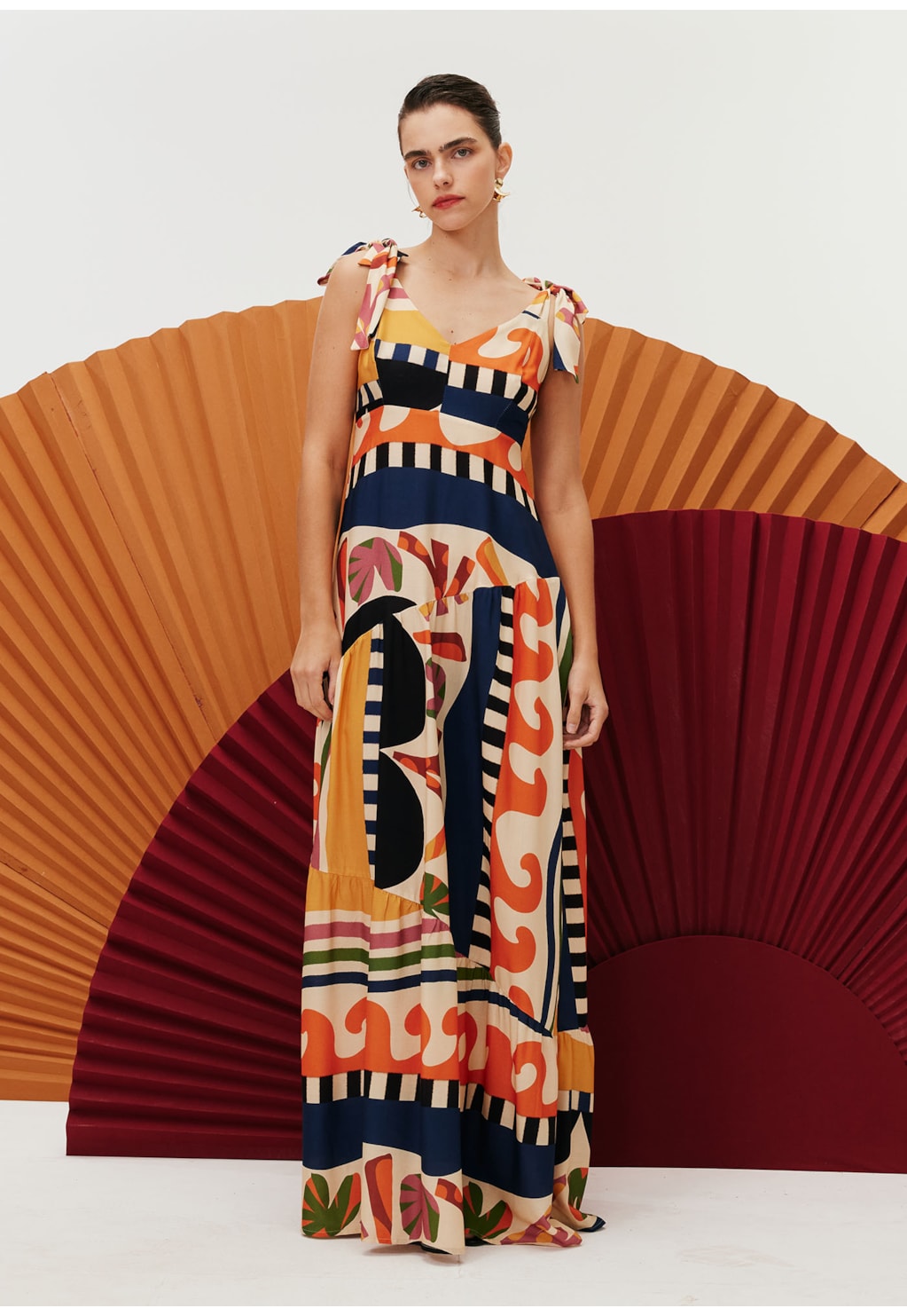 Vestido Longo Babado Assimétrico Estampado Samba