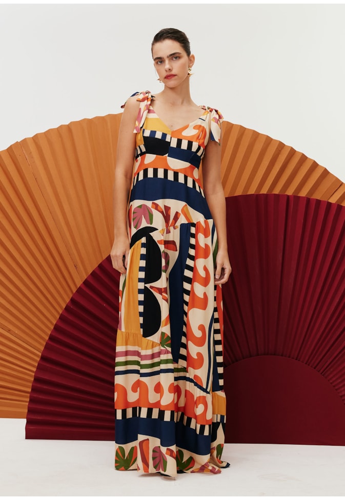 Vestido Longo Babado Assimétrico Estampado Samba