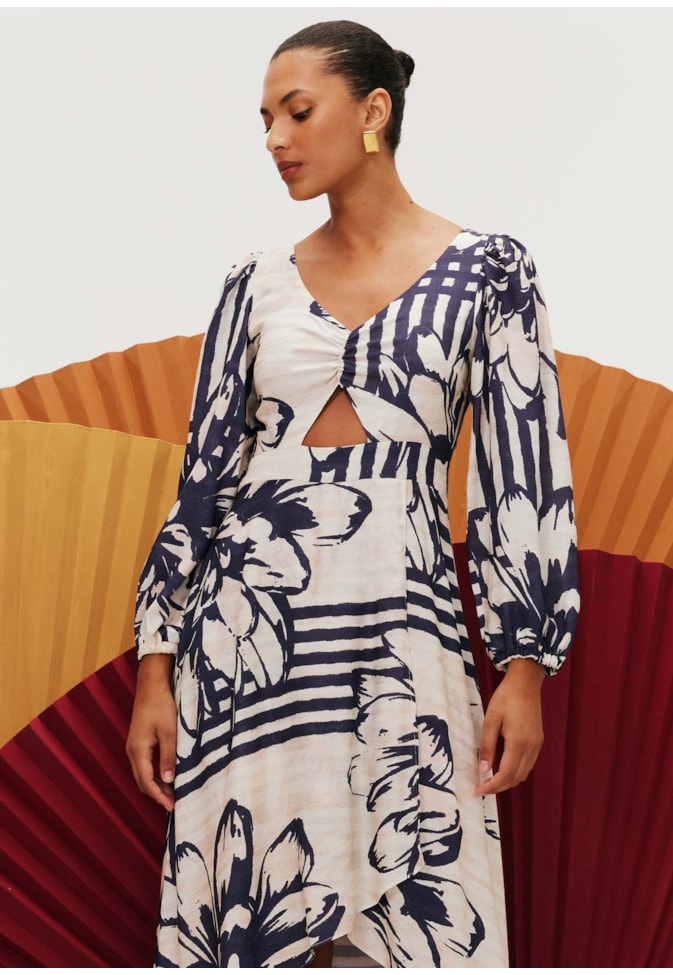 Vestido Longo Babado Estampado Bolero