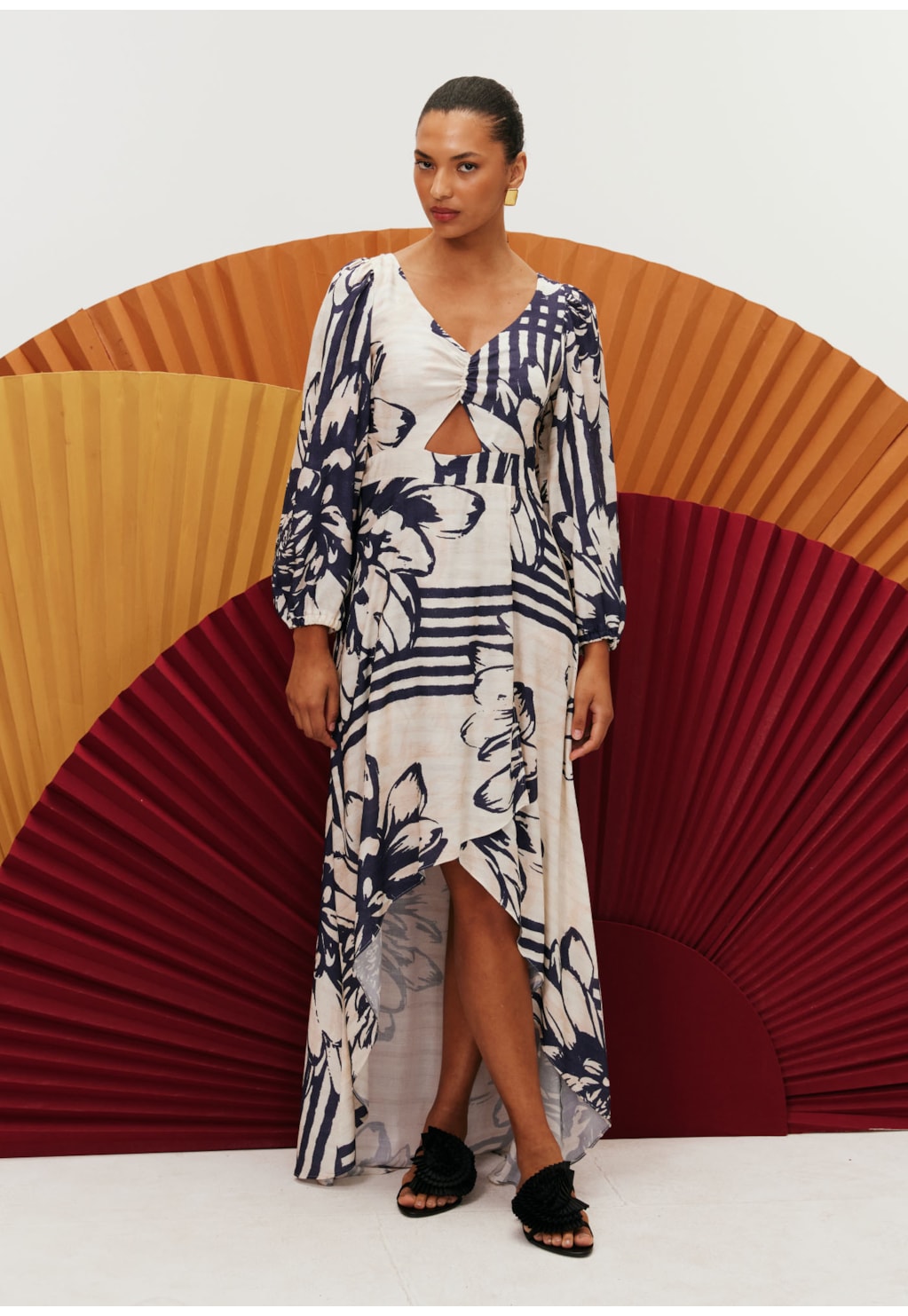 Vestido Longo Babado Estampado Bolero