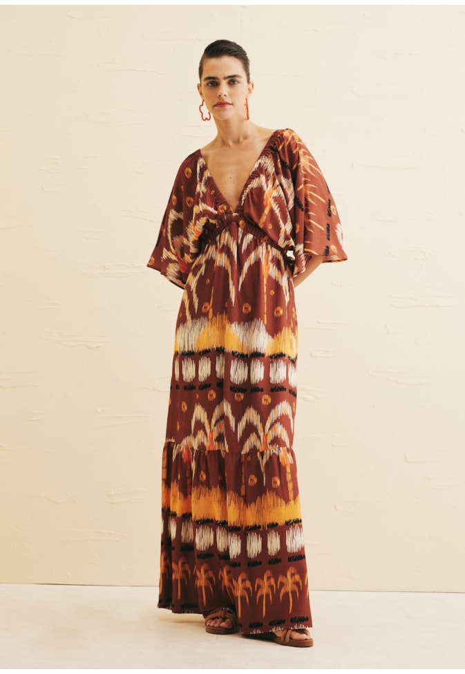 Vestido Longo Babado Estampado Huacachina