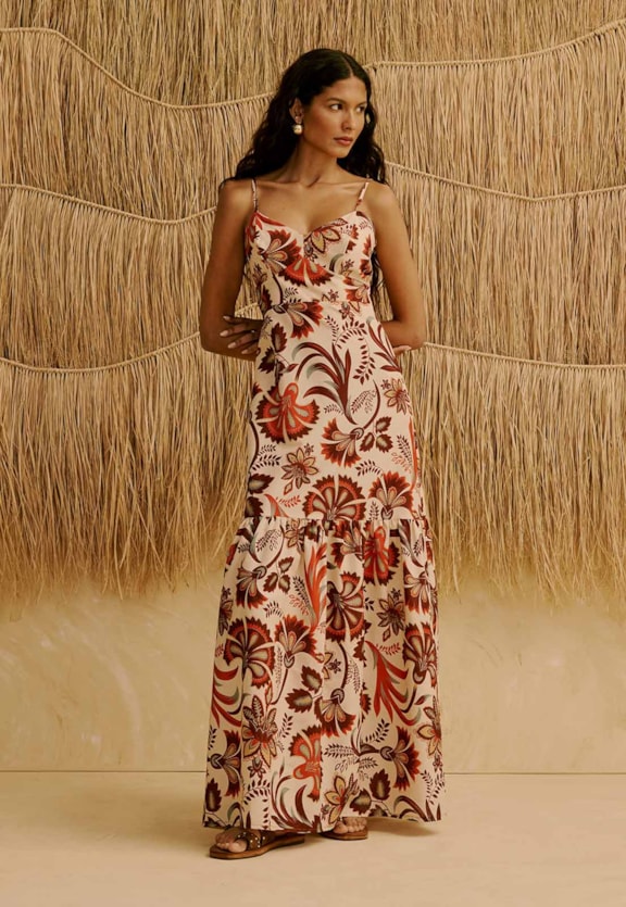 Vestido Longo Babado Estampado Tika Vista Frontal