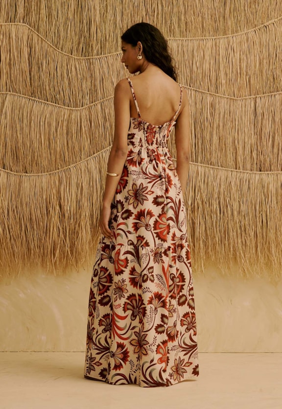 Vestido Longo Babado Estampado Tika Vista Traseira