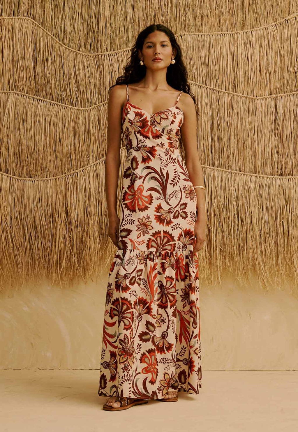 Vestido Longo Babado Estampado Tika