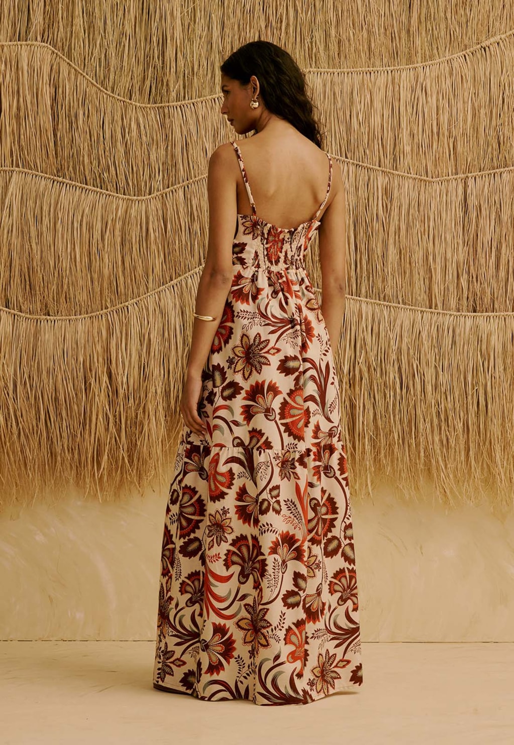 Vestido Longo Babado Estampado Tika