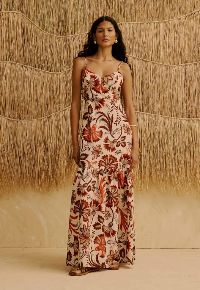 Vestido Longo Babado Estampado Tika