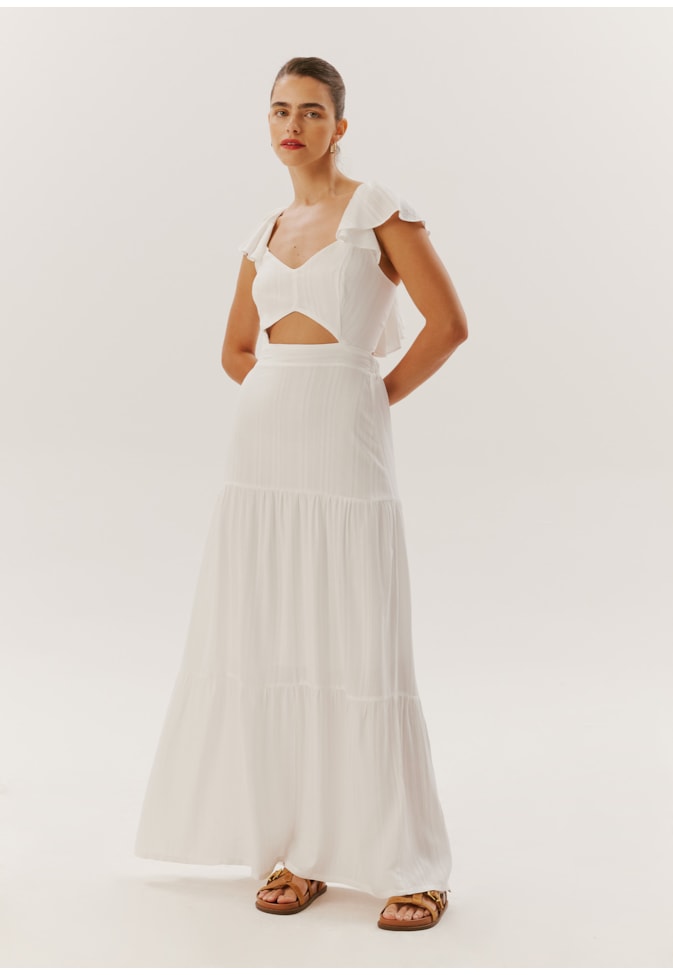 Vestido Longo Babado Manga