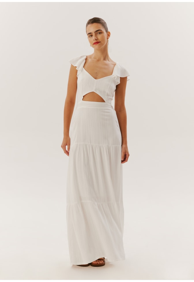 Vestido Longo Babado Manga