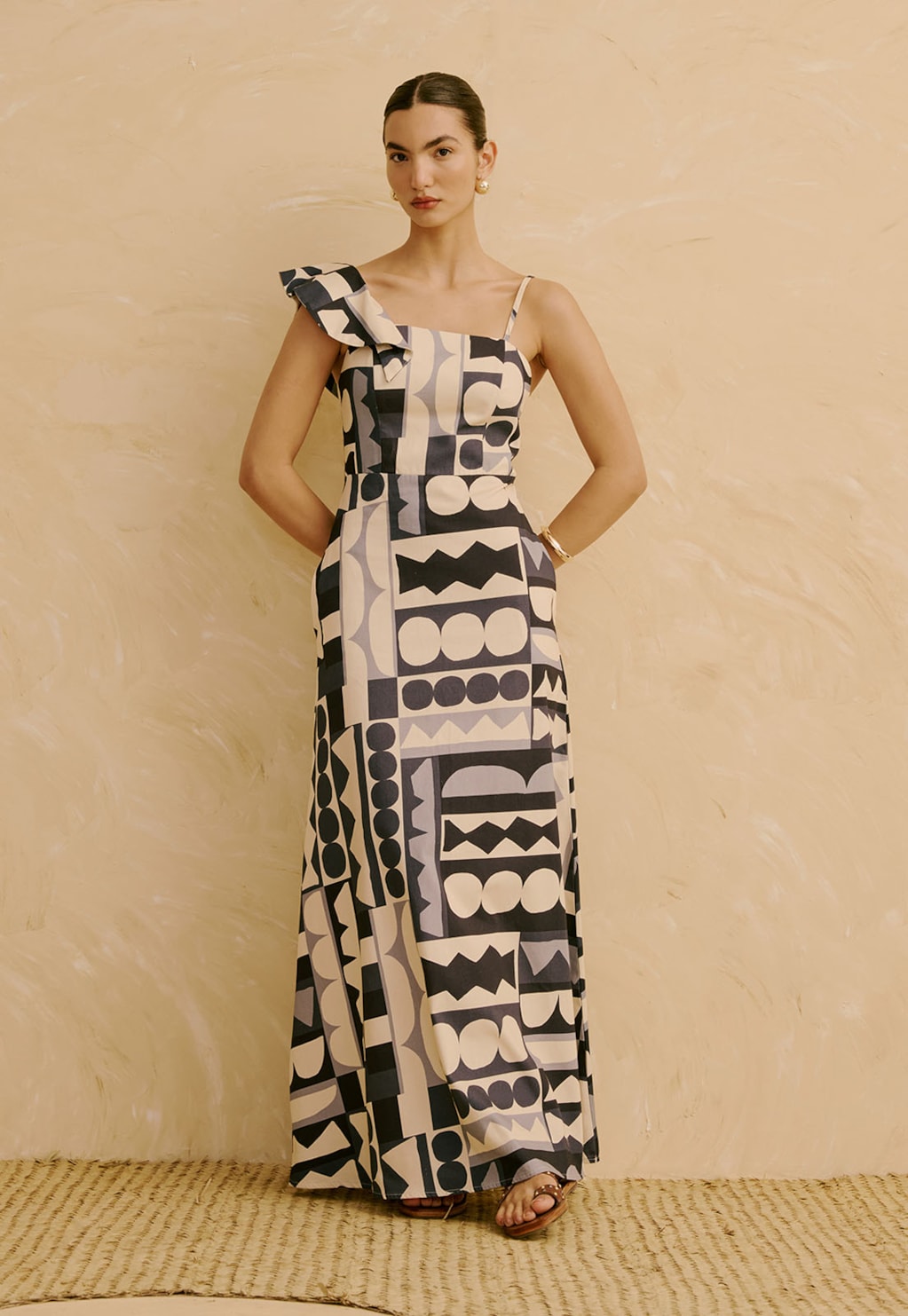 Vestido Longo Babado Manga Estampado Quilt 