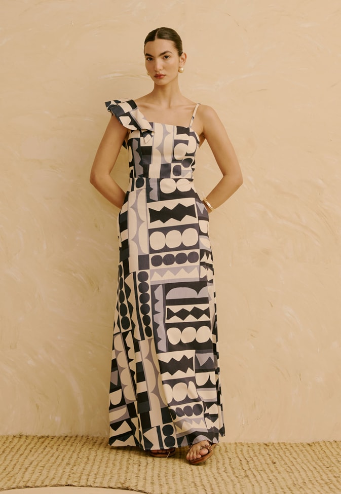 Vestido Longo Babado Manga Estampado Quilt 