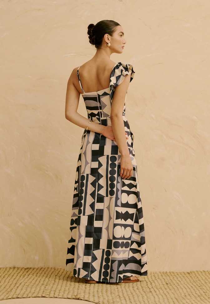 Vestido Longo Babado Manga Estampado Quilt 