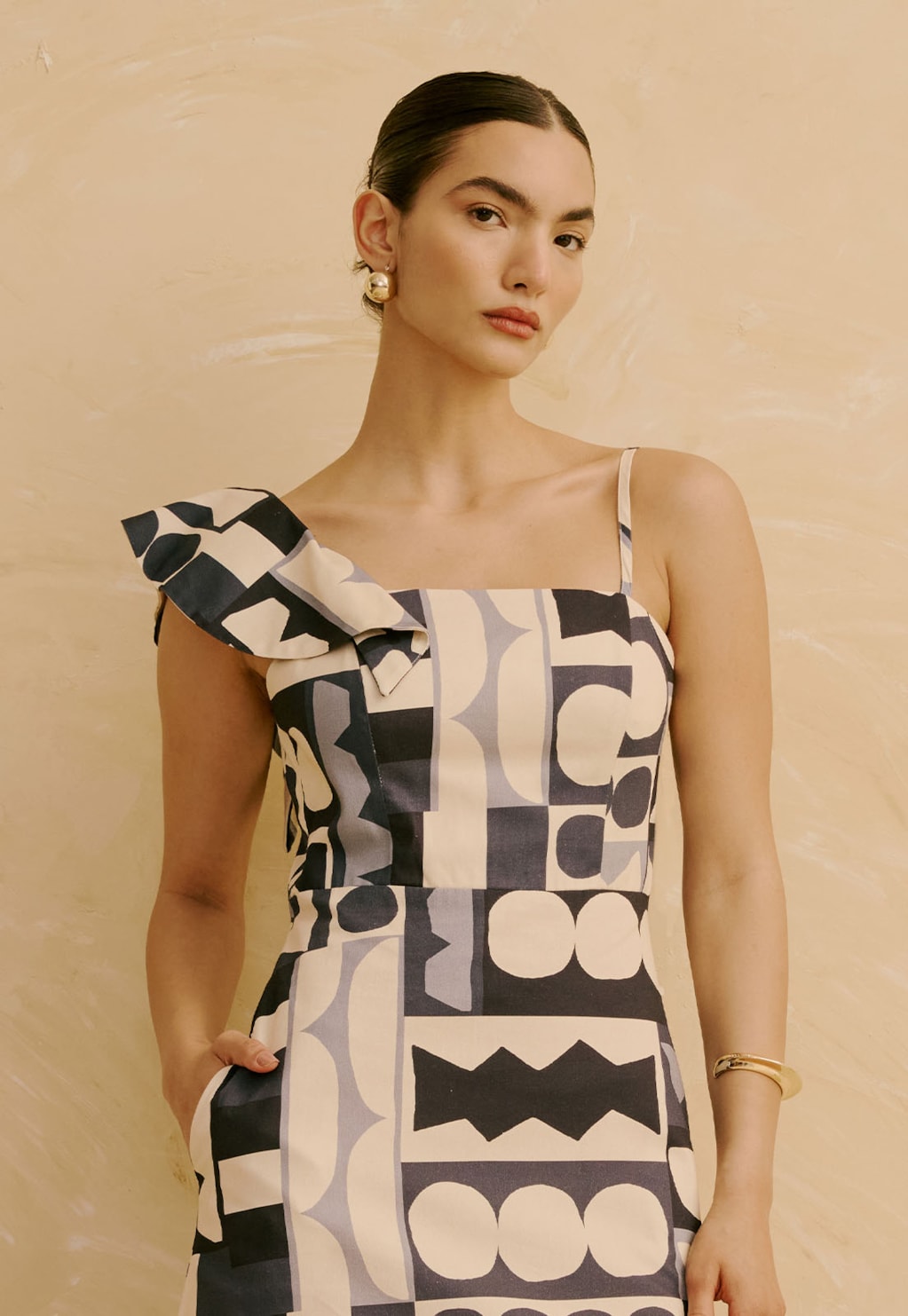 Vestido Longo Babado Manga Estampado Quilt 