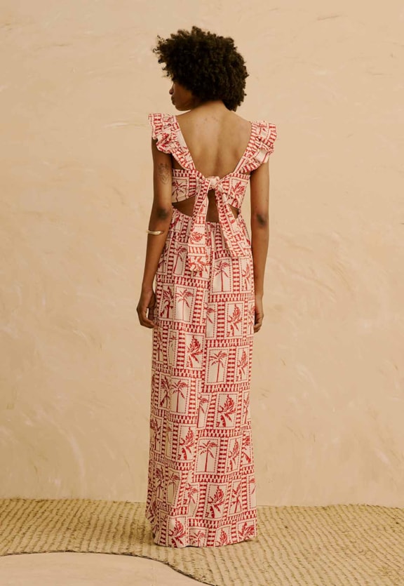 Vestido Longo Babado Manga Estampado Yura  Vista Traseira