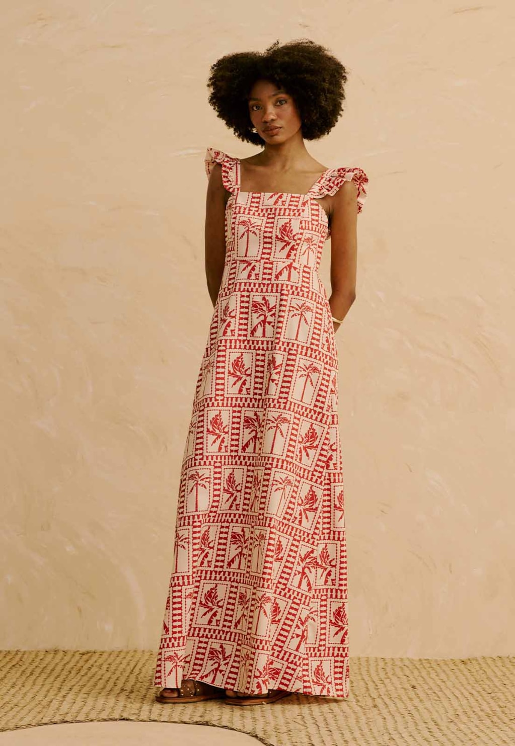 Vestido Longo Babado Manga Estampado Yura 