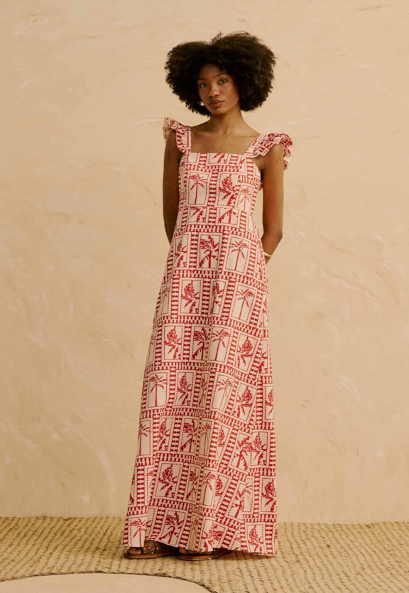 Vestido Longo Babado Manga Estampado Yura  Vista Frontal