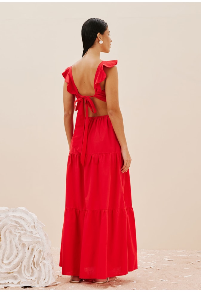 Vestido Longo Babado Ombro