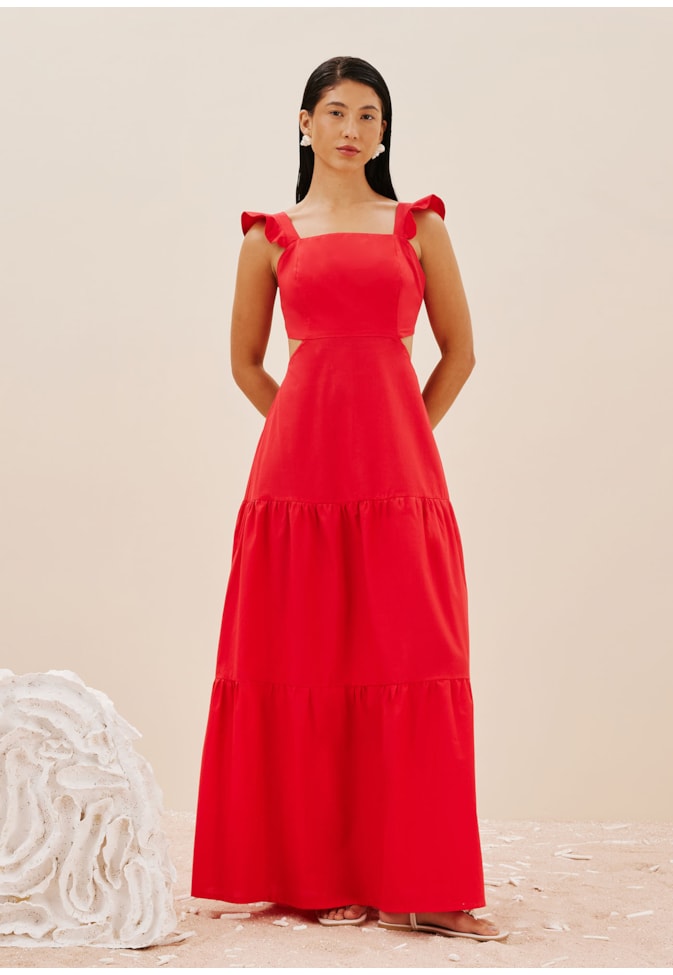 Vestido Longo Babado Ombro