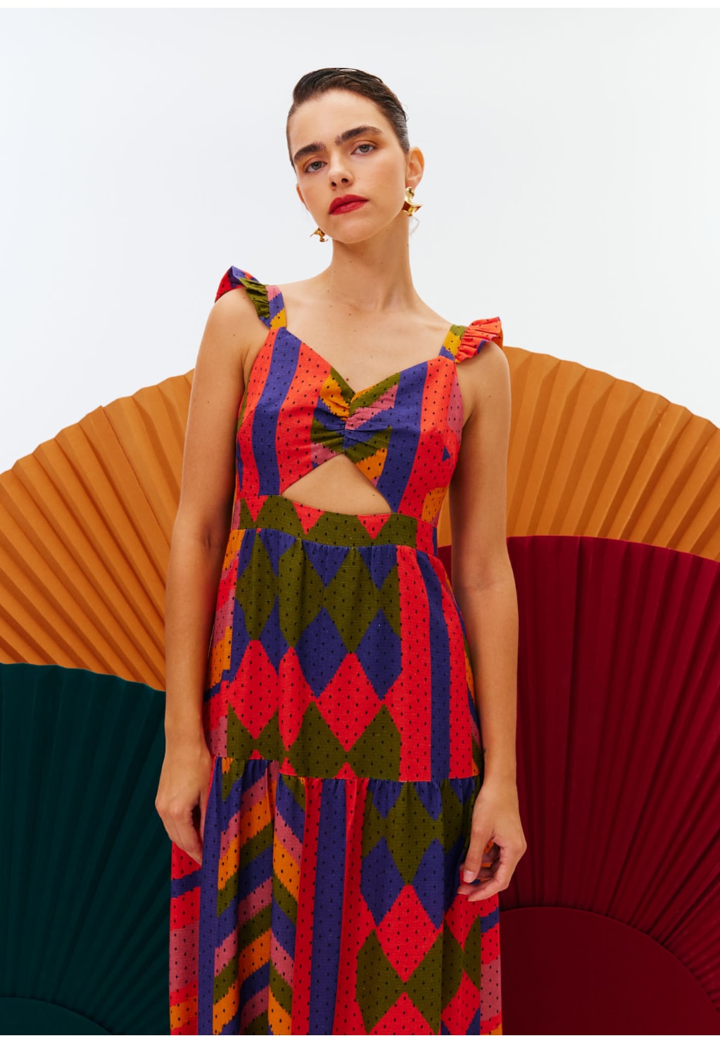 Vestido Longo Babados Estampa Carimbó