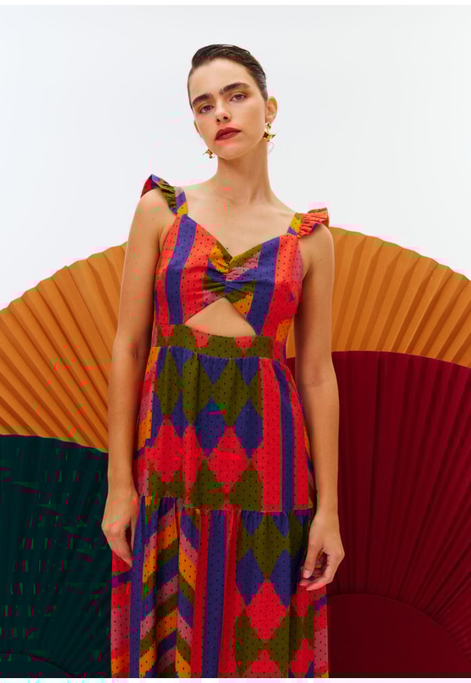 Vestido Longo Babados Estampa Carimbó