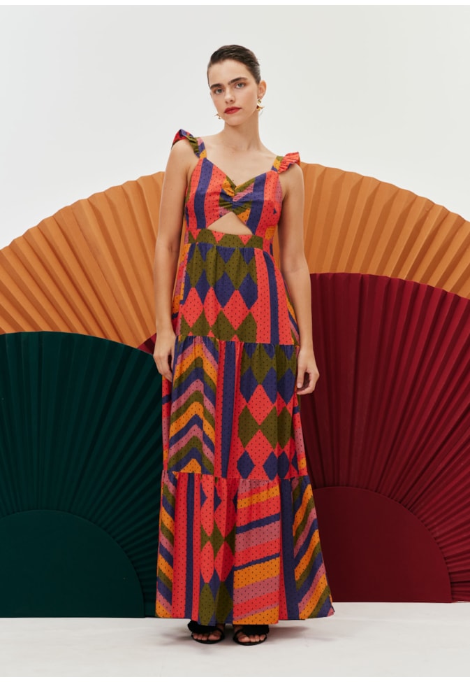 Vestido Longo Babados Estampa Carimbó