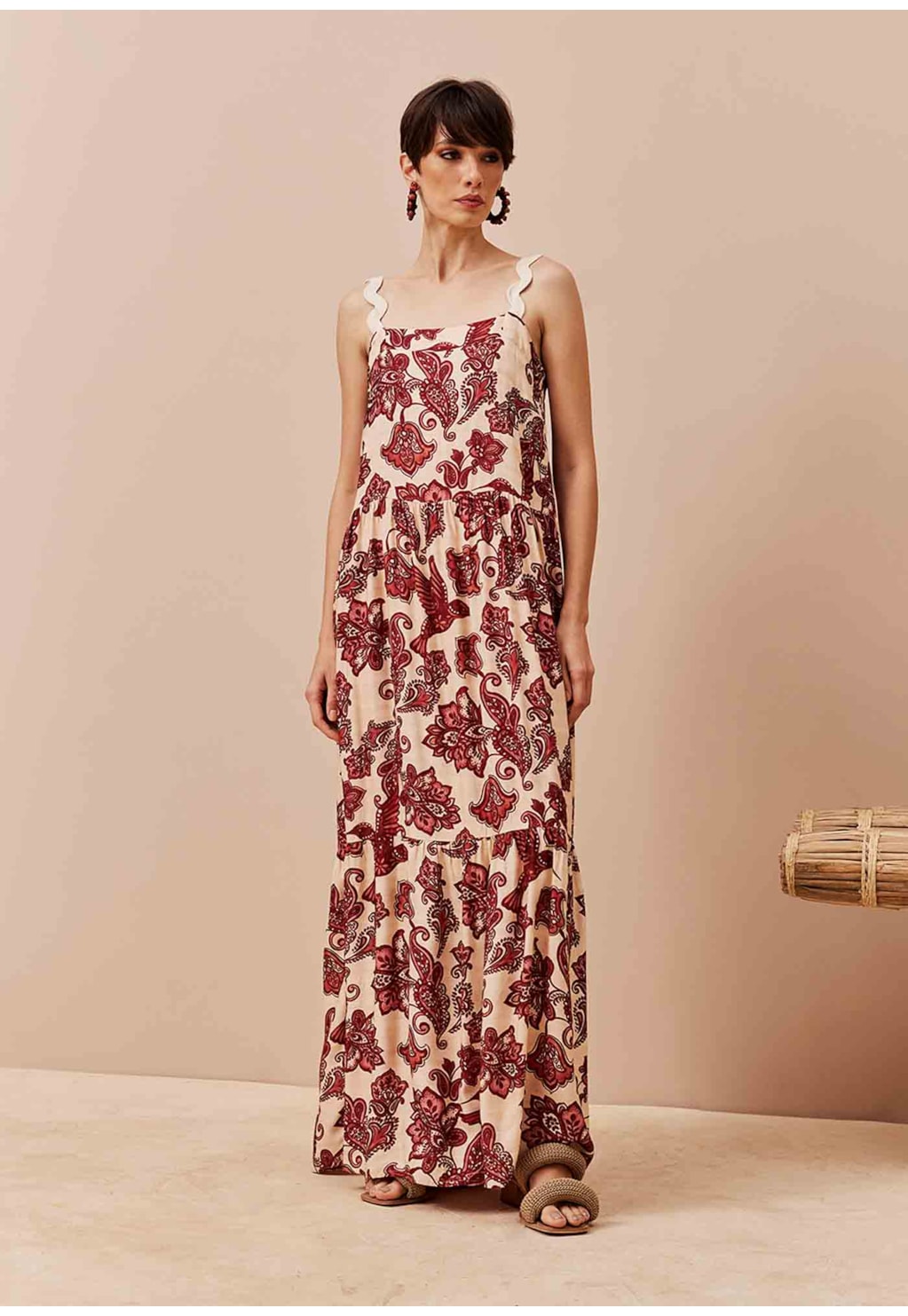 Vestido Longo Babados Estampado Cuyo