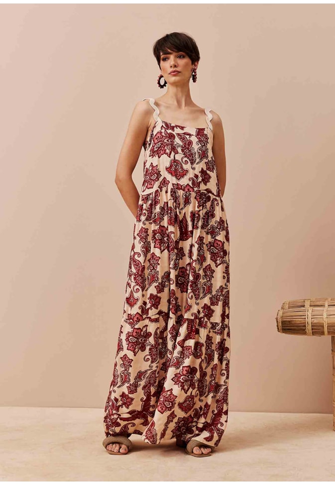 Vestido Longo Babados Estampado Cuyo