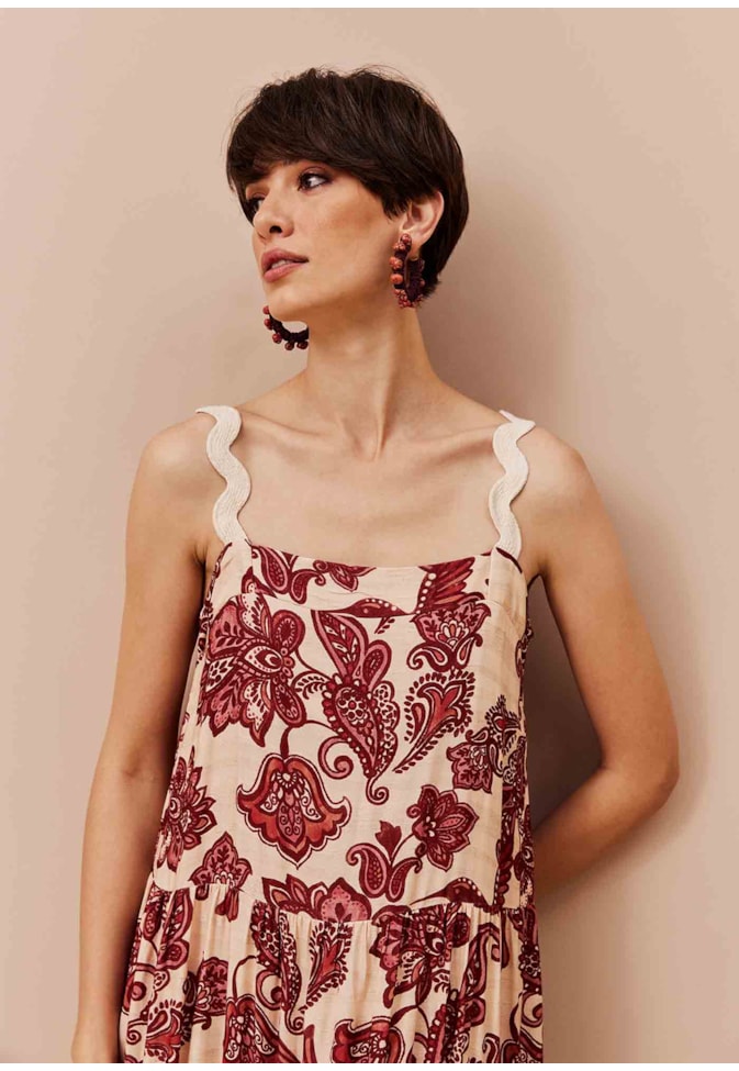 Vestido Longo Babados Estampado Cuyo