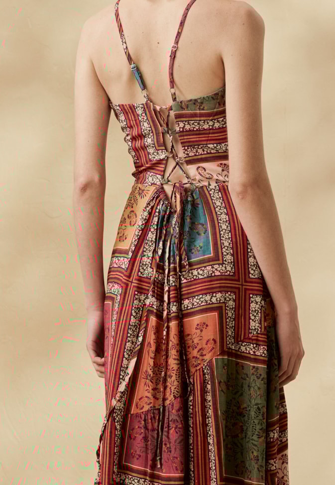 Vestido Longo Babados Estampado Las Orquideas