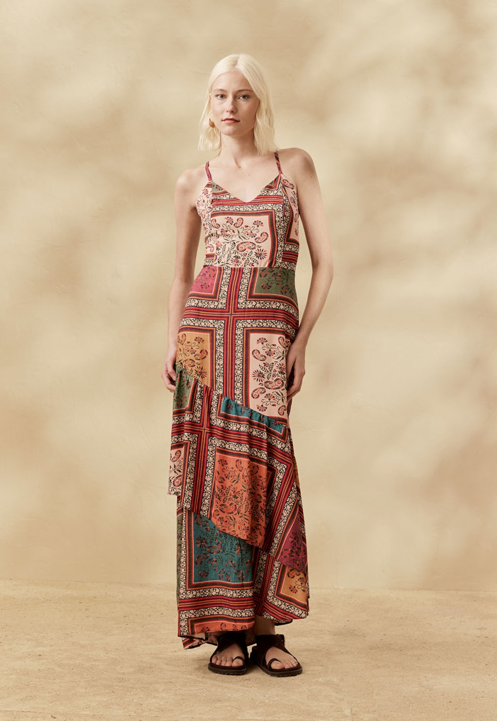 Vestido Longo Babados Estampado Las Orquideas