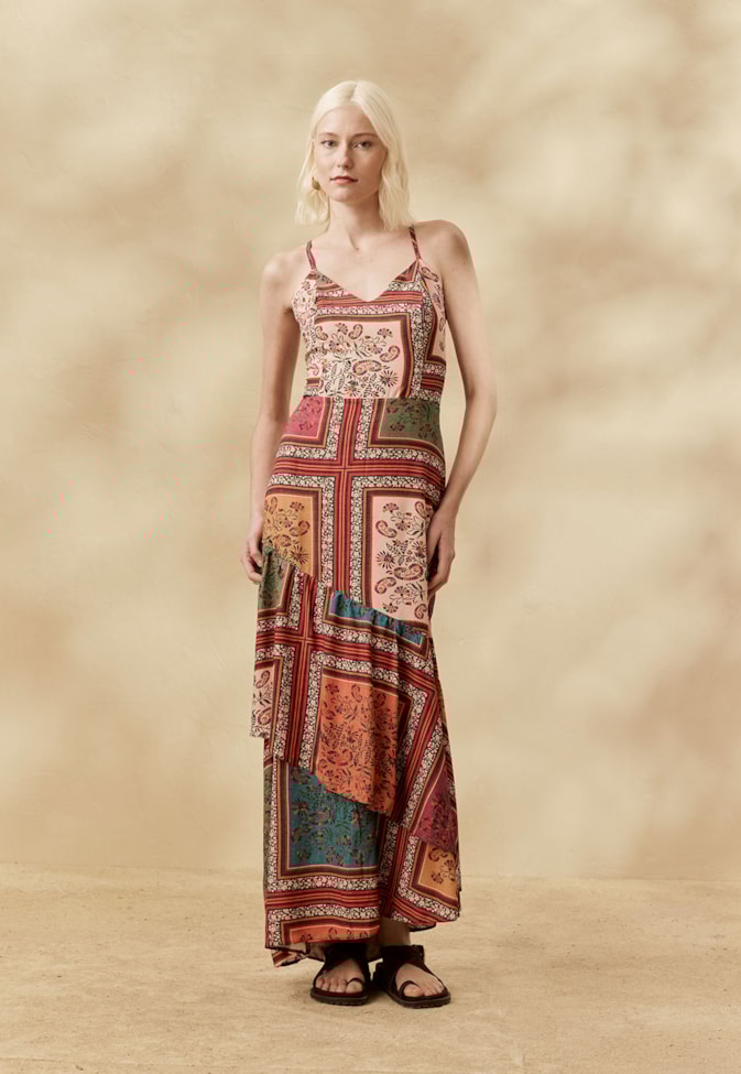 Vestido Longo Babados Estampado Las Orquideas