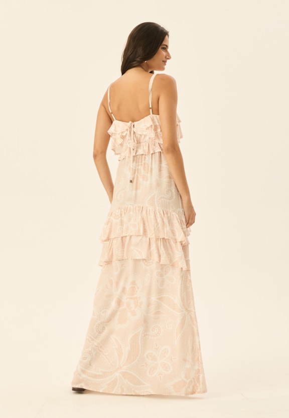 Vestido Longo Babados Estampado Maracá Vista Traseira