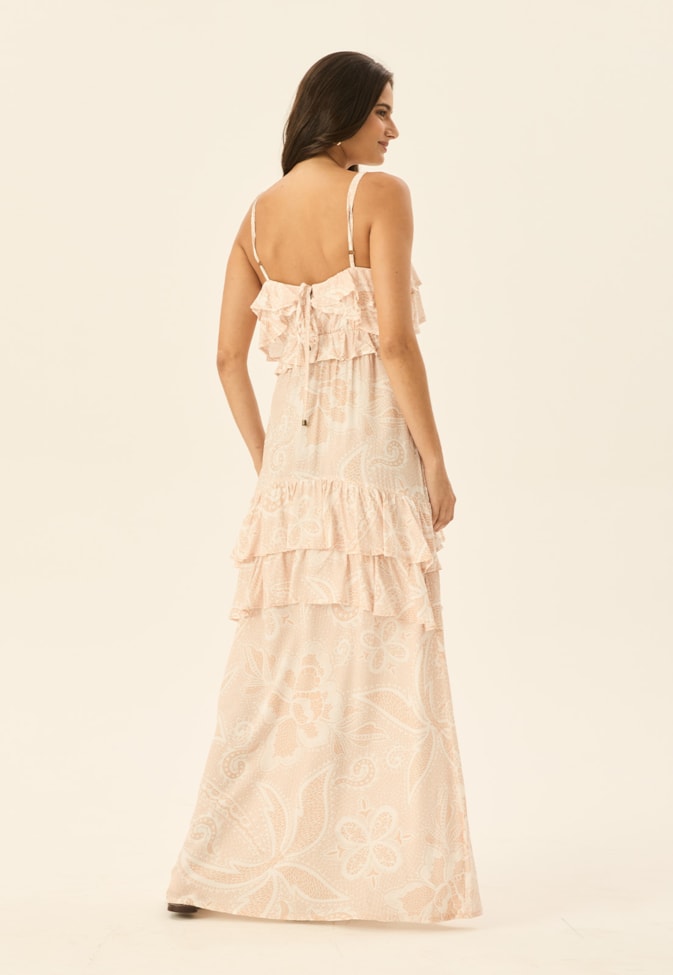 Vestido Longo Babados Estampado Maracá