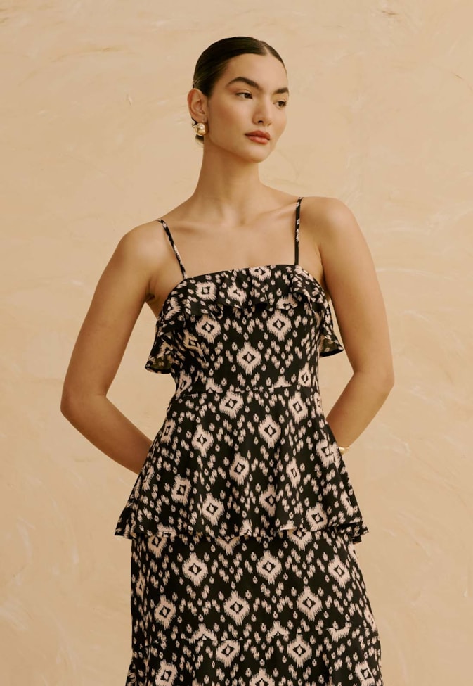 Vestido Longo Babados Estampado Uros