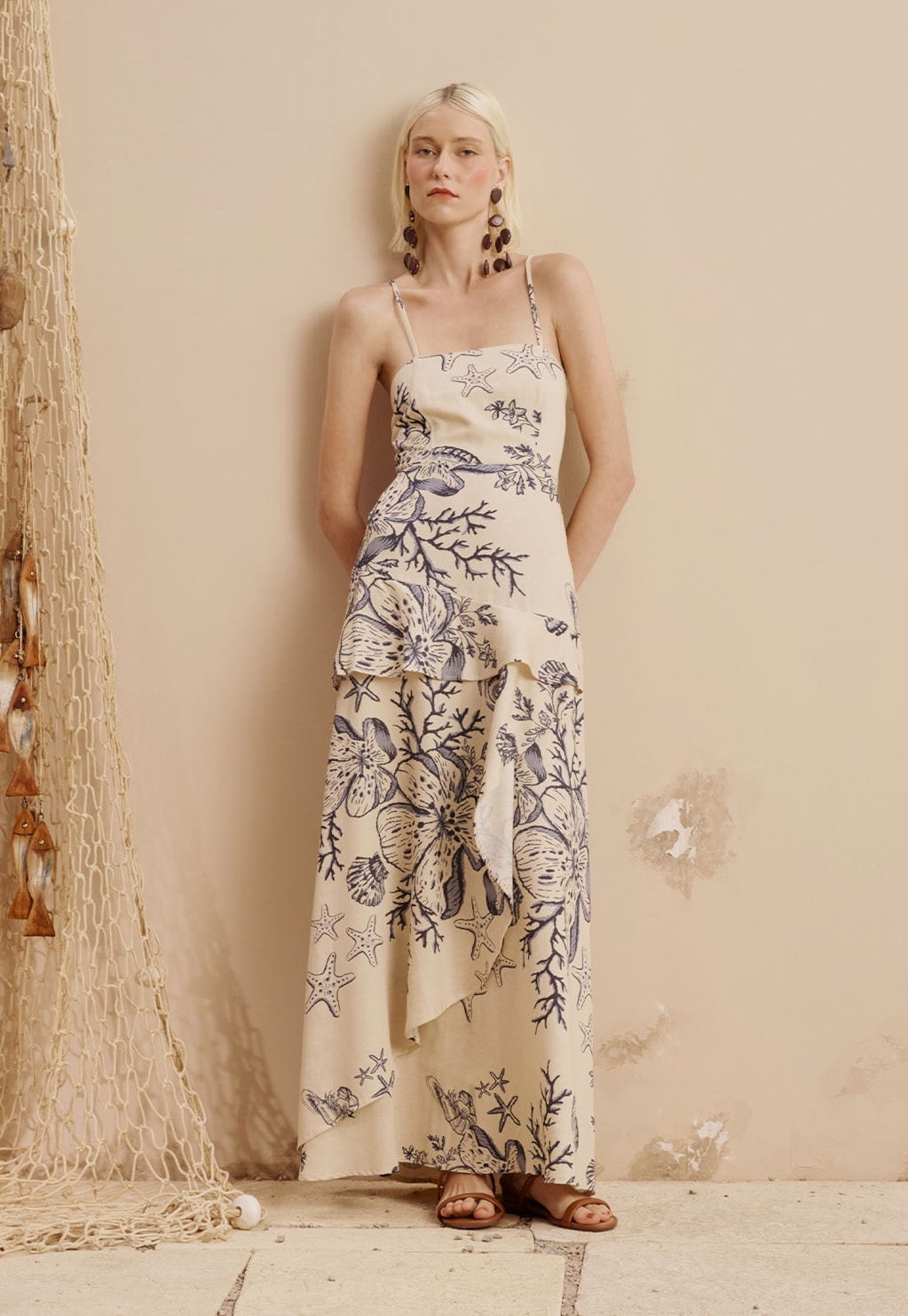 Vestido Longo Babados Ponteira Estrela do Mar Estampado Murere