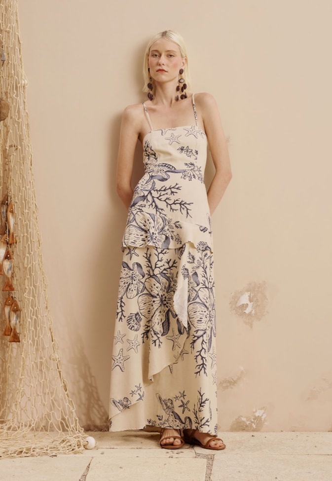 Vestido Longo Babados Ponteira Estrela do Mar Estampado Murere