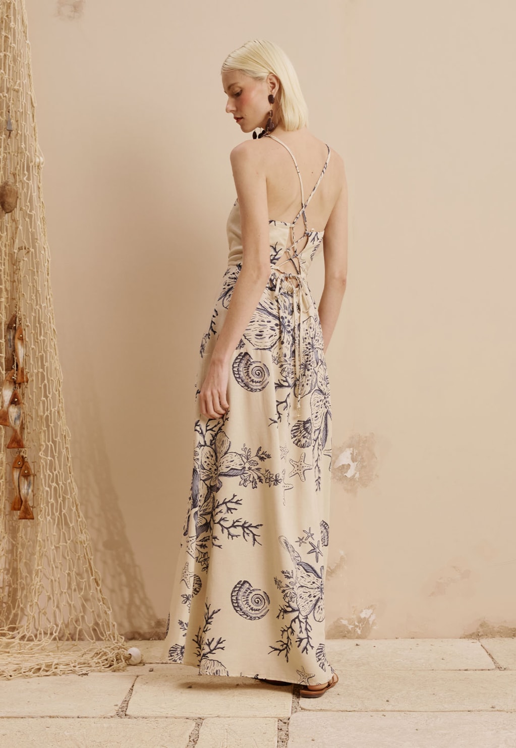 Vestido Longo Babados Ponteira Estrela do Mar Estampado Murere