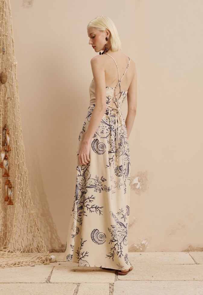 Vestido Longo Babados Ponteira Estrela do Mar Estampado Murere