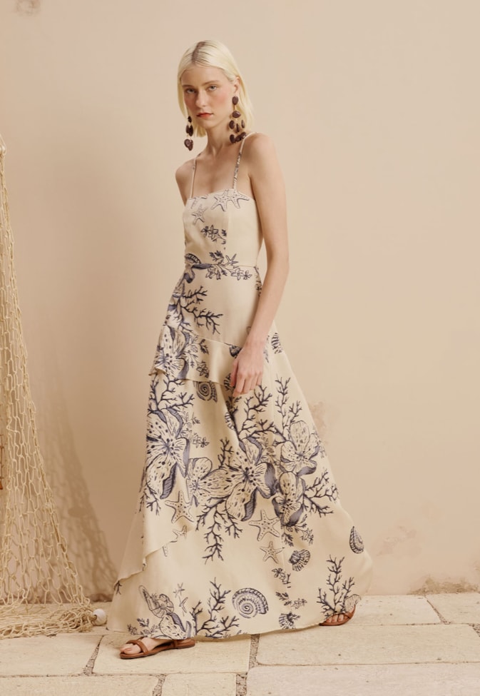 Vestido Longo Babados Ponteira Estrela do Mar Estampado Murere