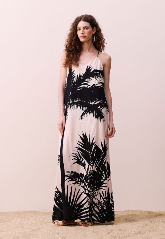 Vestido Longo Bordado Estampado Lago Preto