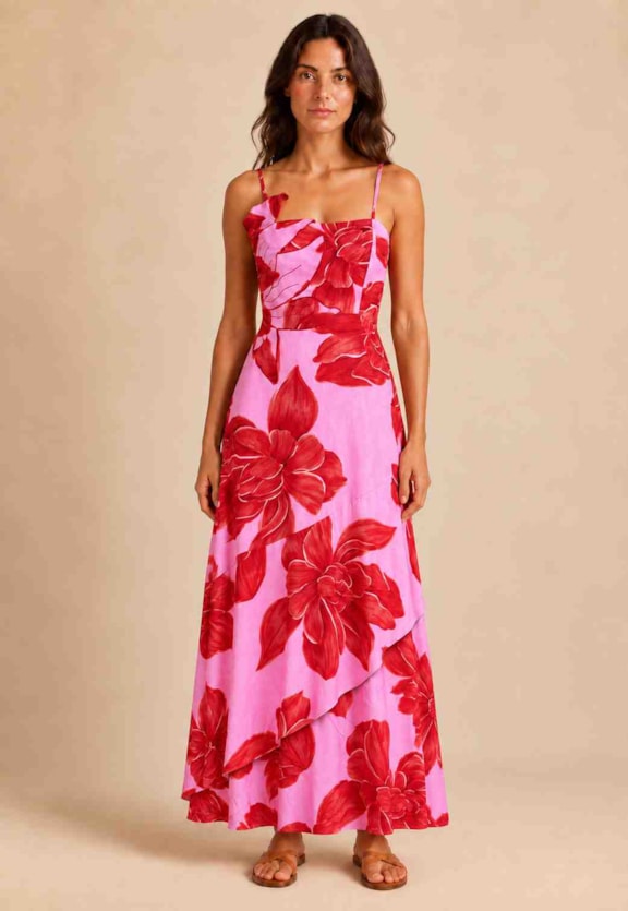 Vestido Longo Bordado Flor Estampado Vista Frontal