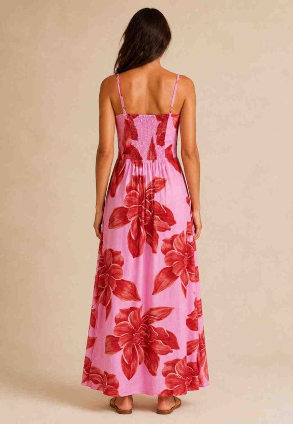 Vestido Longo Bordado Flor Estampado Vista Traseira