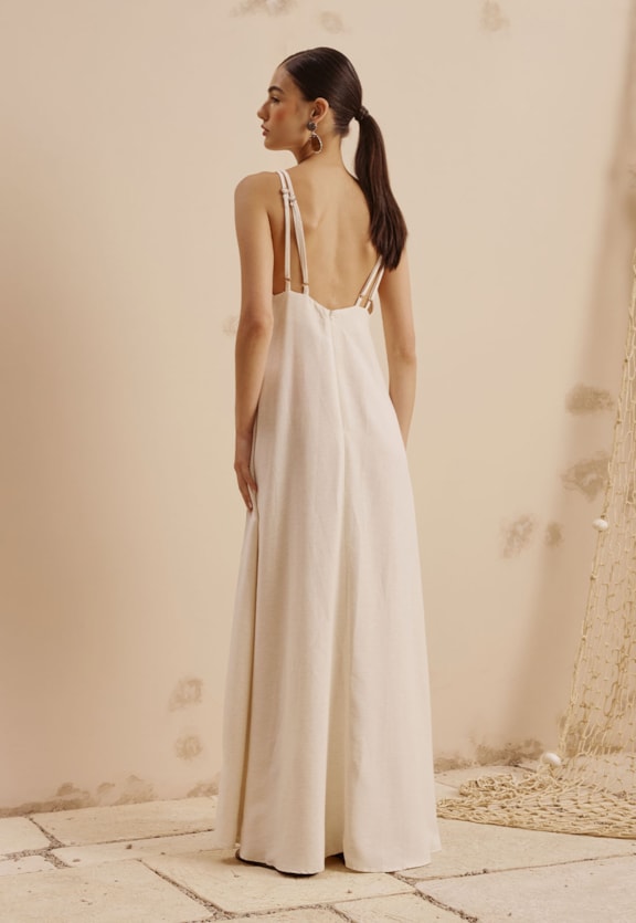 Vestido Longo Bordado Peixe Vista Traseira