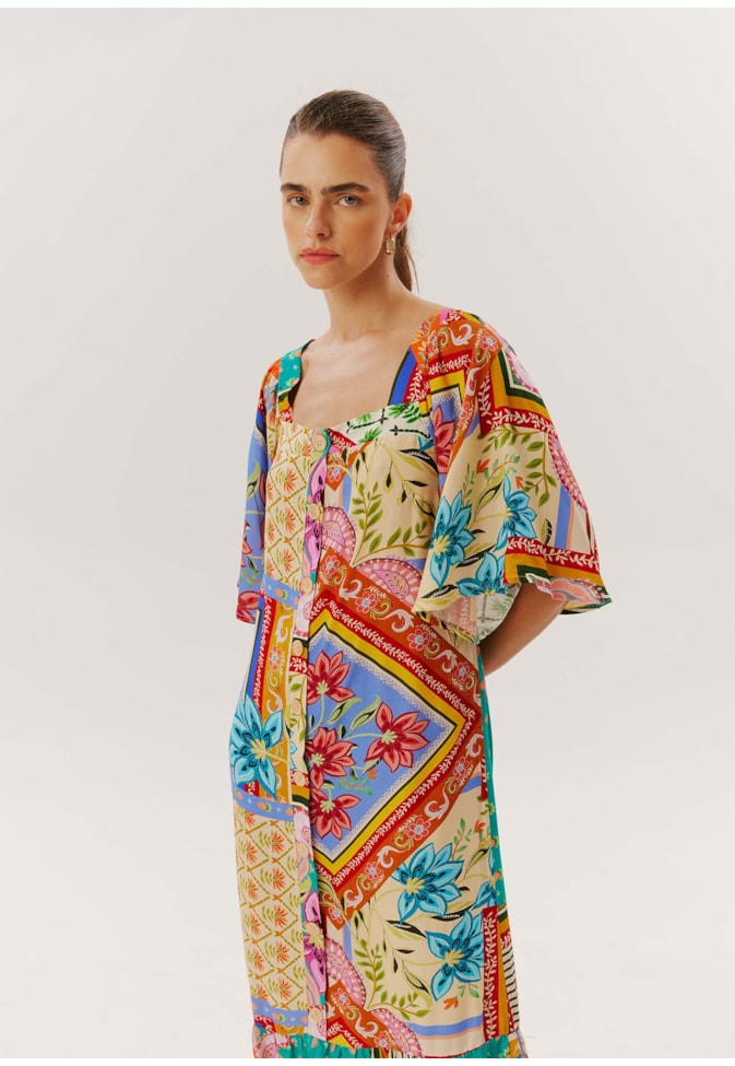 Vestido Longo Botões Estampado Maya